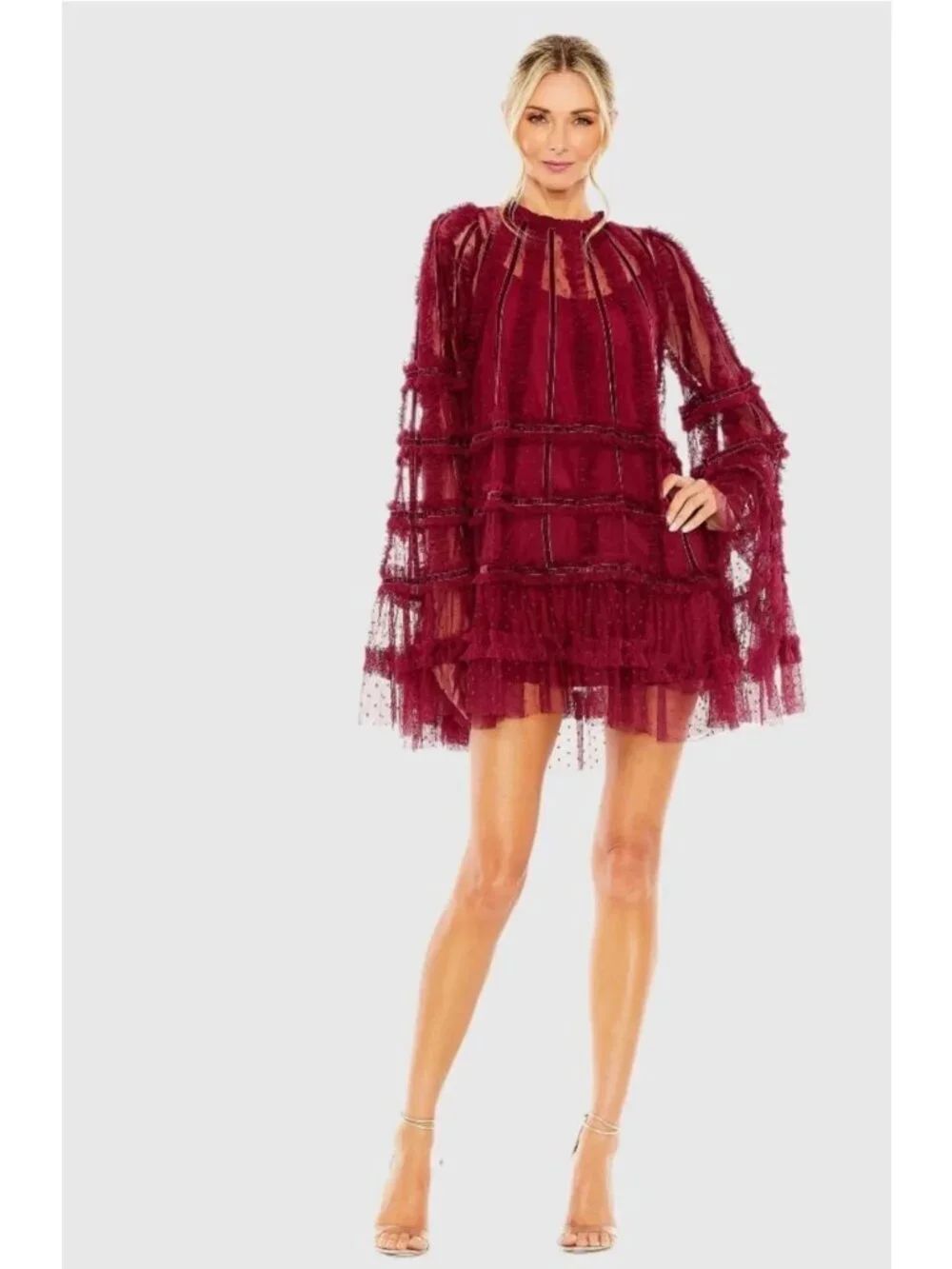 Mac Duggal 8053 High Neck Ruffle Bell Sleeve Trapeze Dress Size 4